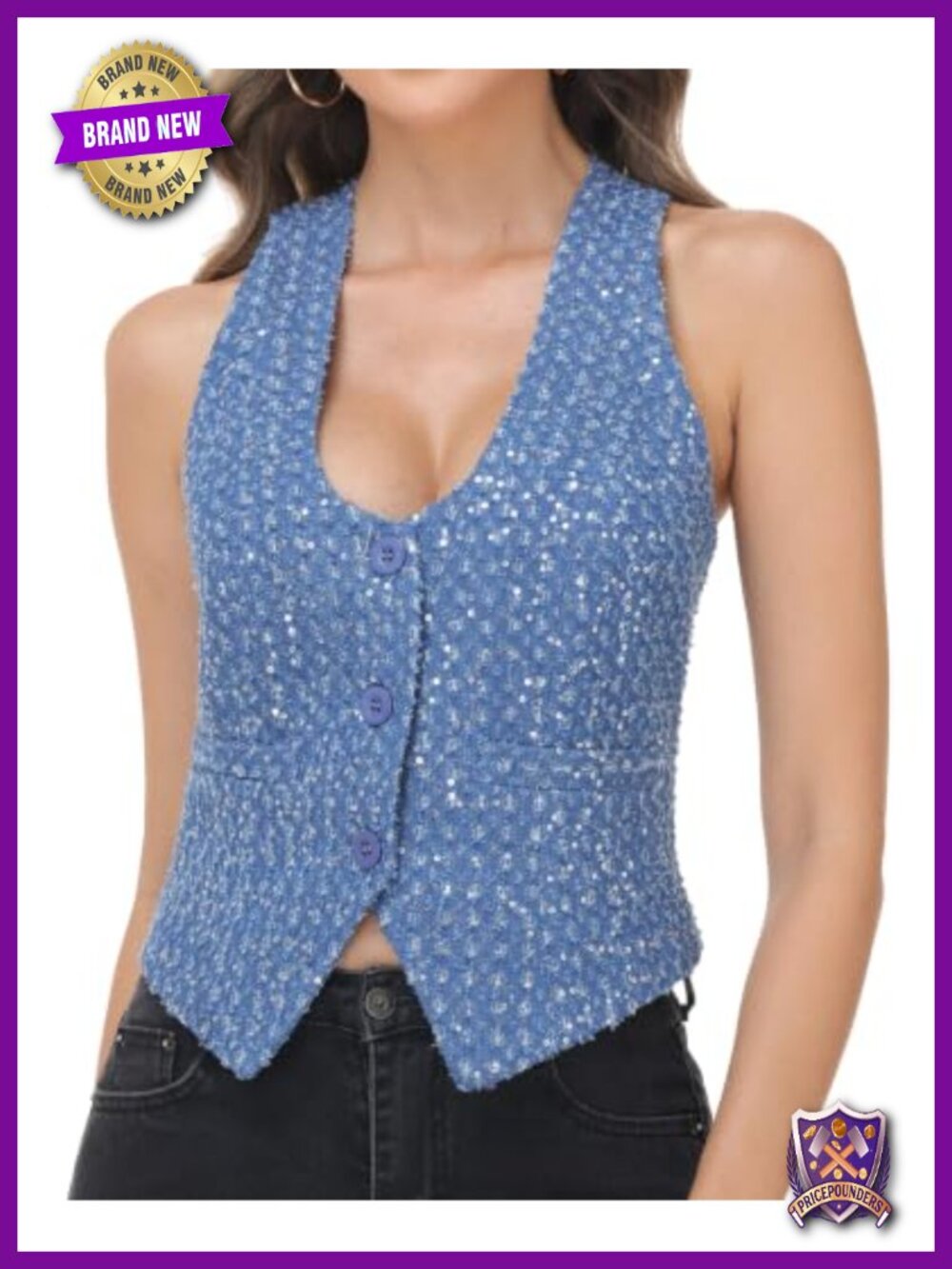 Sleeveless Sequin Denim Vest Button Down Cropped V-Neck